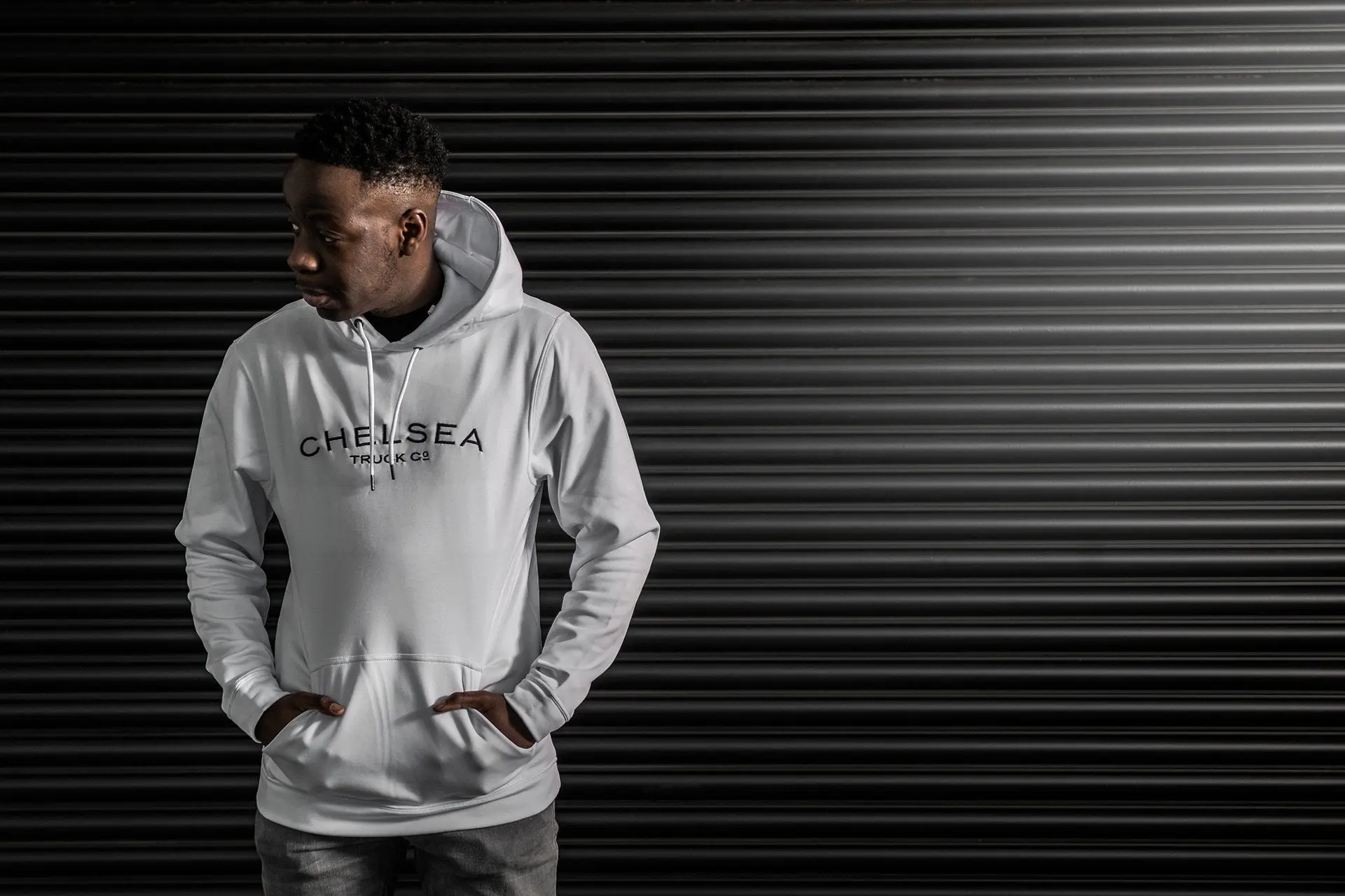 Men's White with Black Embroidery Chelsea Truck Co Hoodie - Image 4