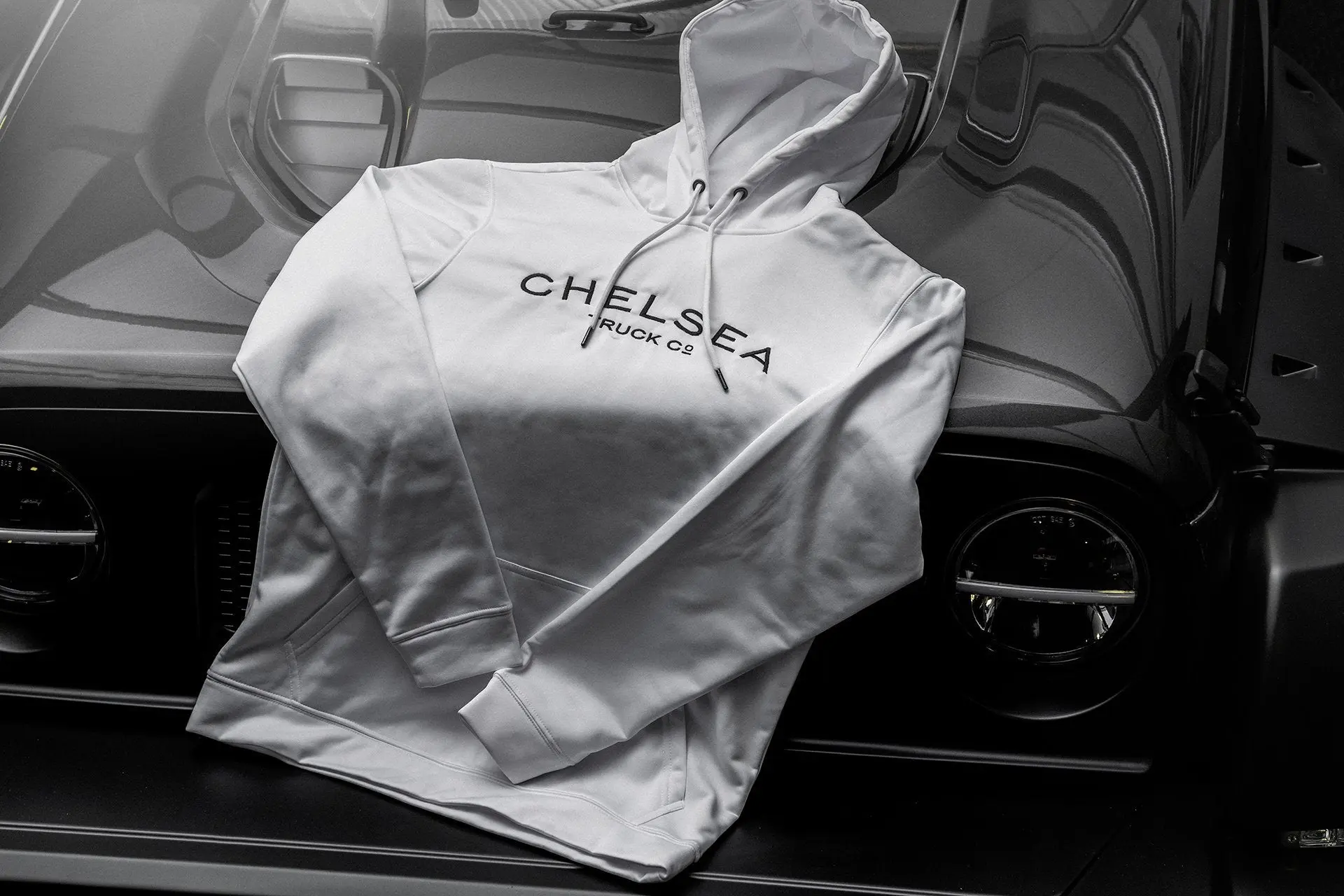 Women's White with Black Embroidery Chelsea Truck Co Hoodie