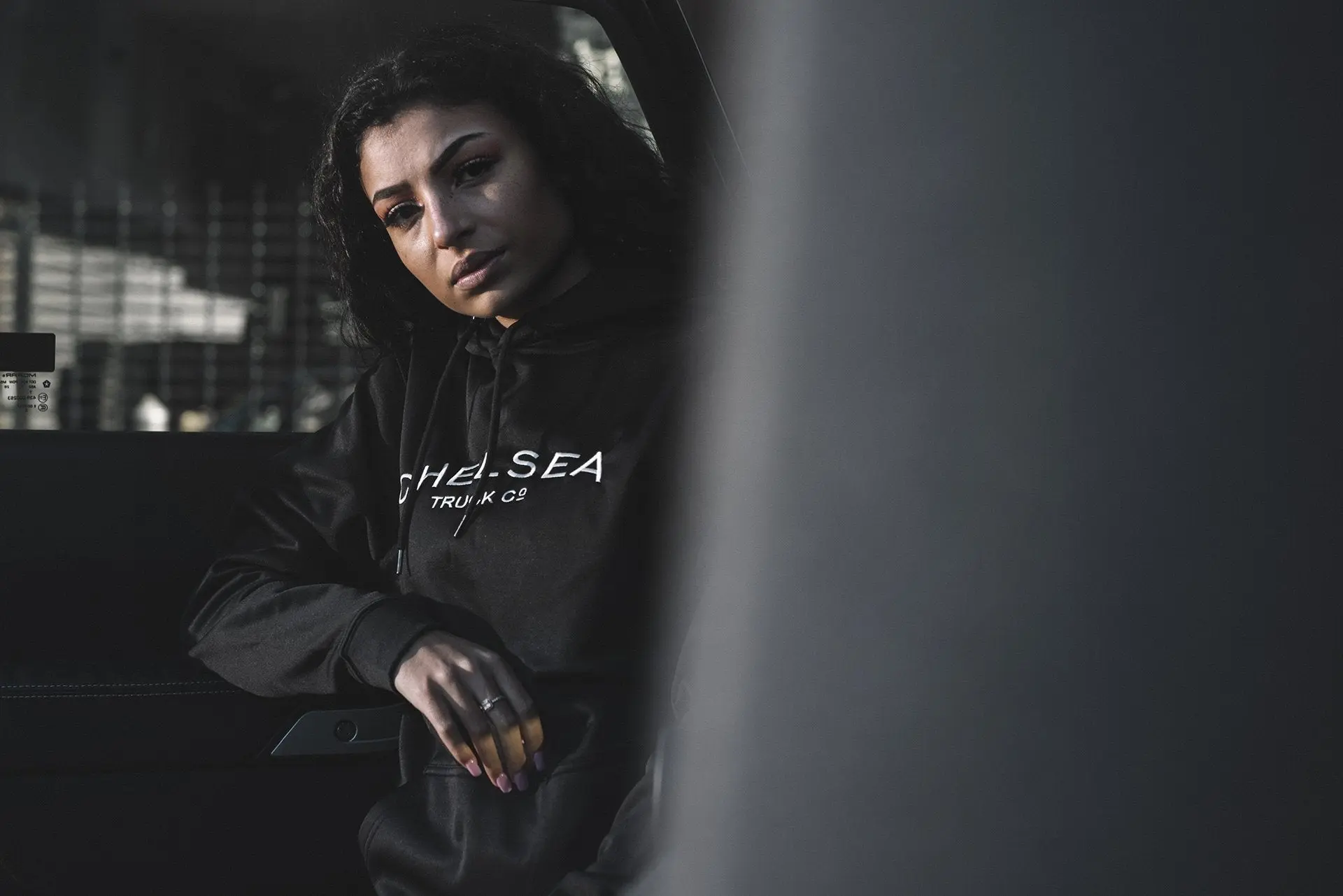 Women's Black with White Embroidery Chelsea Truck Co Hoodie - Image 3
